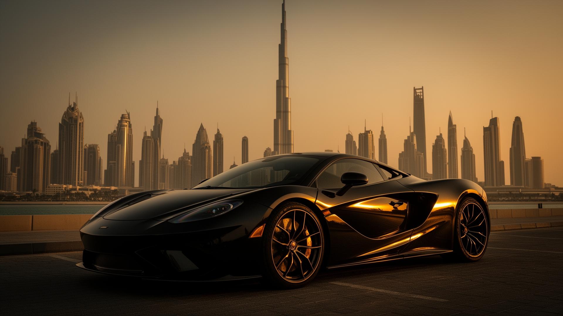 Luxusné auto pred siluetou Dubaja